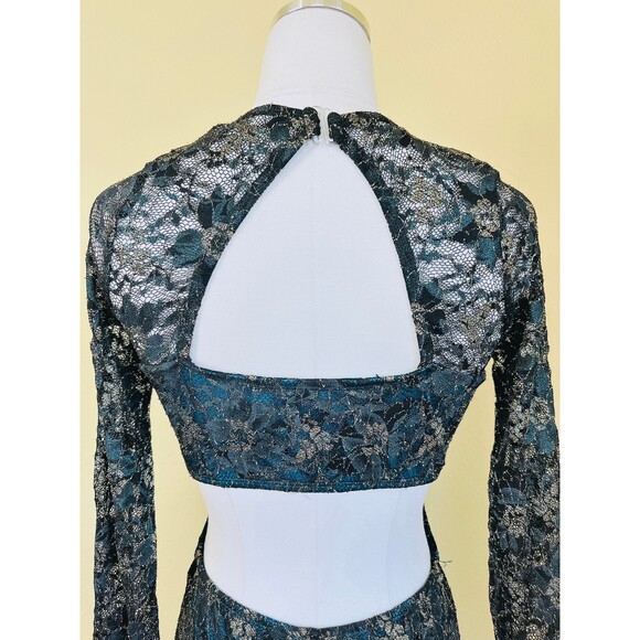 1990s Vintage Romper / 90s Teal Gold Black Lace Cut Out Back Playsuit / Medium - Picture 5 of 8